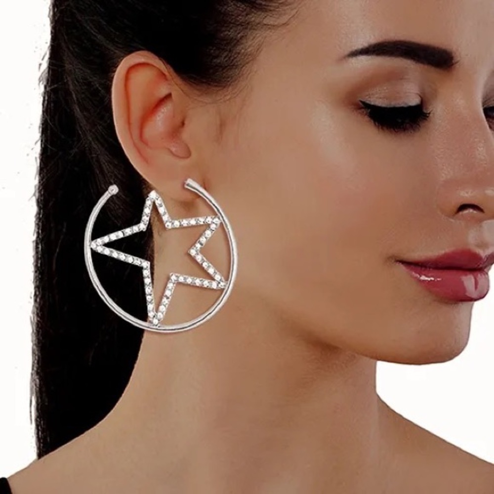 Shining Star Hoop Earrings (Silver)